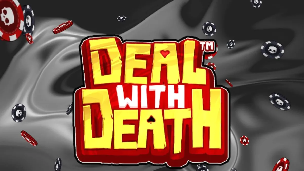 Isang metallic na skeletal croupier na may hawak na casino chip, nagpapahiwatig ng high-stakes na laro sa Deal With Death slot.