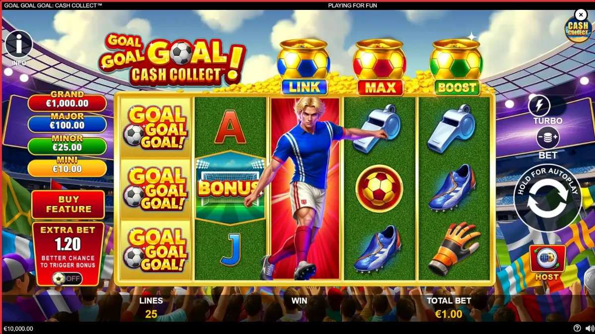 Goal Goal Goal: Cash Collect slot machine interface featuring football stadium theme