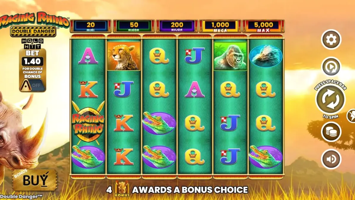 Raging Rhino Double Danger slot gameplay interface sa isang mobile device